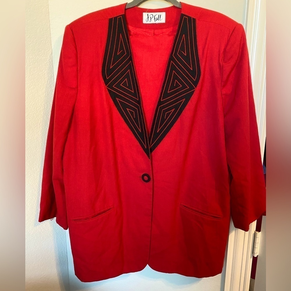 Red & Black Vintage Blazer & Skirt Set, 80s Women suit set, Sz 22,
